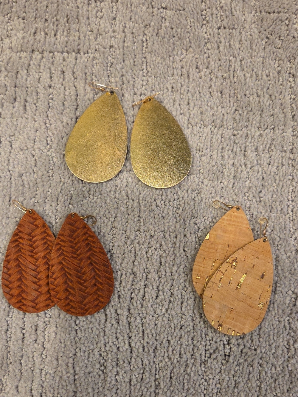 Three-Pair Teardrop Earring Set — Gold, Brown & Cork Tones